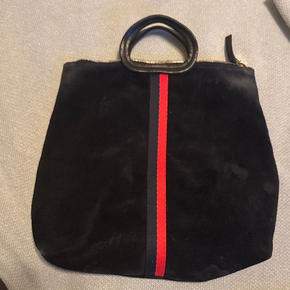 Clare V. Elegant Navy Suede Tote Backpack Bag with Red and Blue Stripe